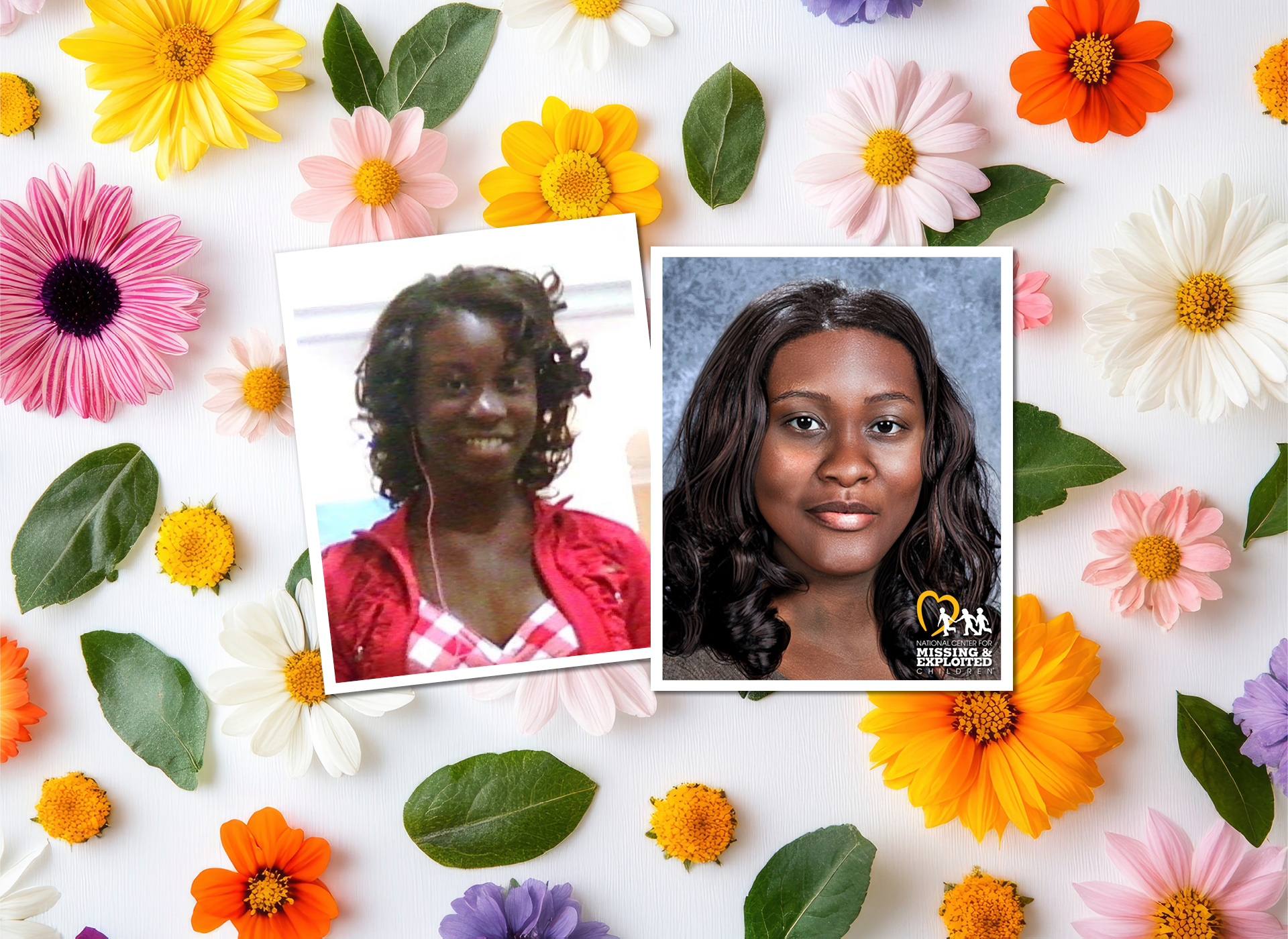 two images: janteyl, a black 15 year old, smiling, curly sholder-length black hair, wearing a red top (left); right: janteyl age progressed to 30; flowery background