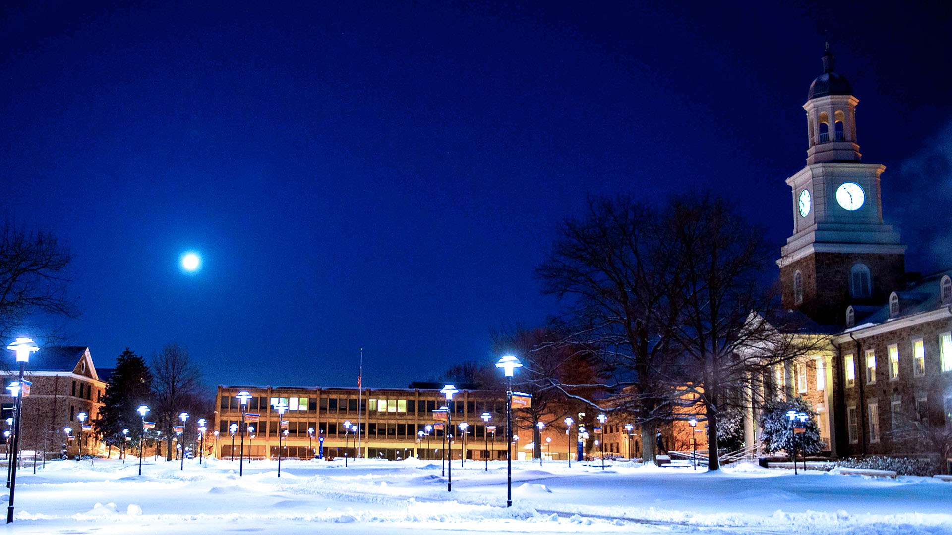 Holmes Hall campus with snow