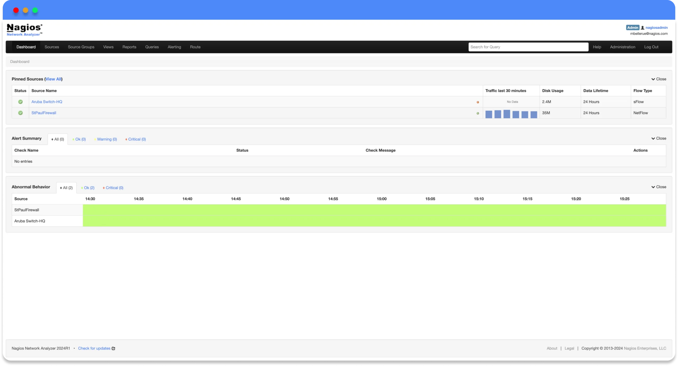 The home dashboard provides a high-level overview of sources, checks, network flow data and much more.