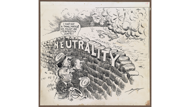 Political cartoon by the artist Clifford K. Berryman depicting three supporters of the Neutrality Act