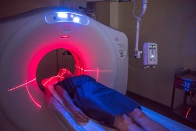 Patient inside of a CT machine