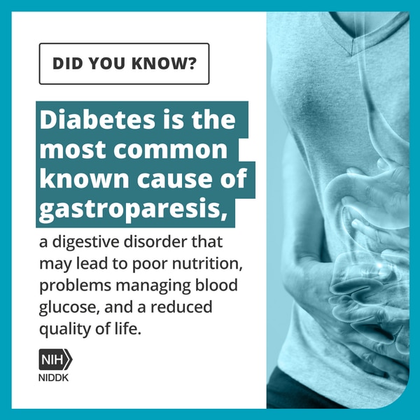 A person holding their stomach with the text: Did You Know? Diabetes is the most common cause of gastroparesis, a genetic disorder that may lead to poor nutrition, problems managing blood glucose, and a reduced quality of life. 