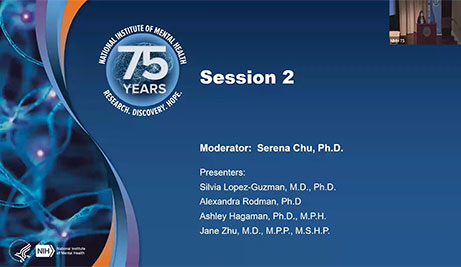 The session is moderated by Serena Chu, Ph.D., with presenters Silvia Lopez-Guzman, M.D., Ph.D., Alexandra Rodman, Ph.D., Ashley Hagaman, Ph.D., M.P.H., and Jane Zhu, M.D., M.P.P., M.S.H.P. The slide features the NIMH’s 75th-anniversary design with a blue background and a DNA-inspired graphic.