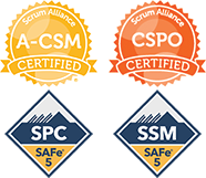 Scrum Allianceアドバンスド認定スクラムマスター(A-CSM), Scrum Alliance認定プロダクトオーナー(CSPO), Scaled Agile Inc.認定 SAFe Program Consultant(SPC), SAFe Scrum Master(SSM)