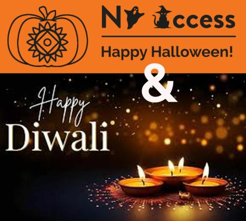 NV Access logo in black on orange with a ghost and a cat and a pumpkin.  And a Happy Diwali sign with csandles