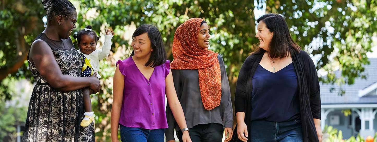 A group of people walking in the park