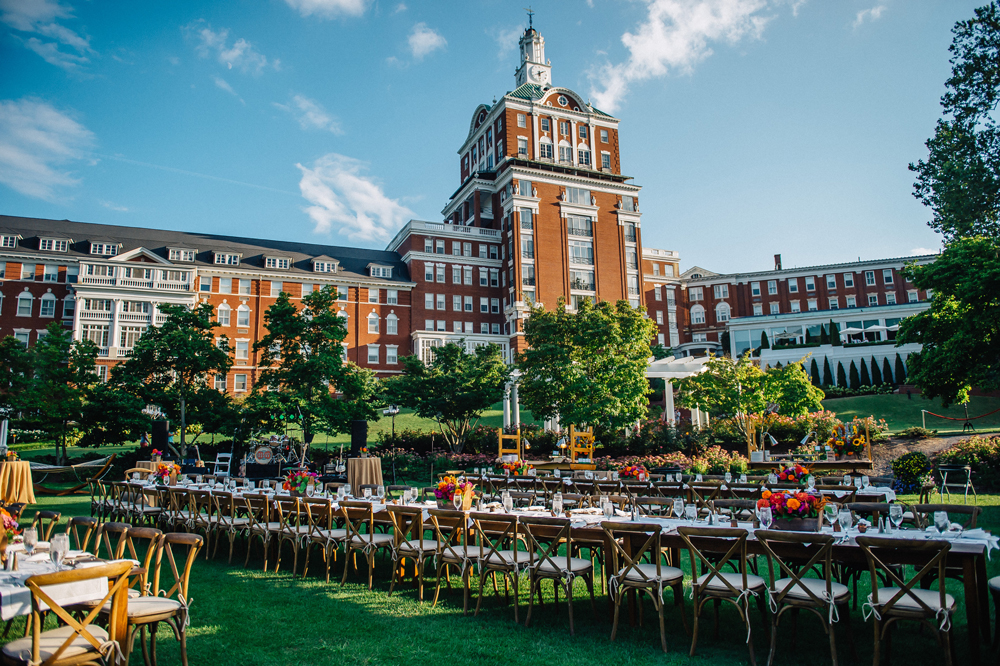 Tables set up for event outside hotel