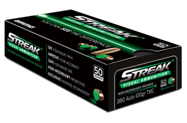 Image of Ammo, Inc. Streak .380 Auto 100 Grain Tracer-Like Full Metal Jacket Brass Cased Green Pistol Ammo, 50 Rounds, 380100TMC-STRK-GRN-50