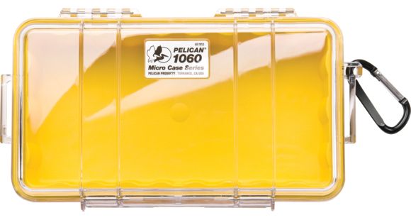 Image of Pelican 1060 Micro Water/Crushproof Dry Box, 9.37x5.56x2.62in - Clear, Yellow Liner w/Carabiner