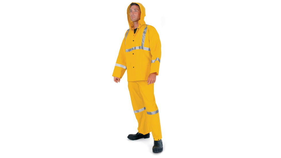 MCR Safety Luminator Series 3 Piece Waterproof Rain Suit, .35mm PVC/Poly, Corduroy Collar, Detachable Hood and Bib Pants, Yellow, XL, 2403RXL