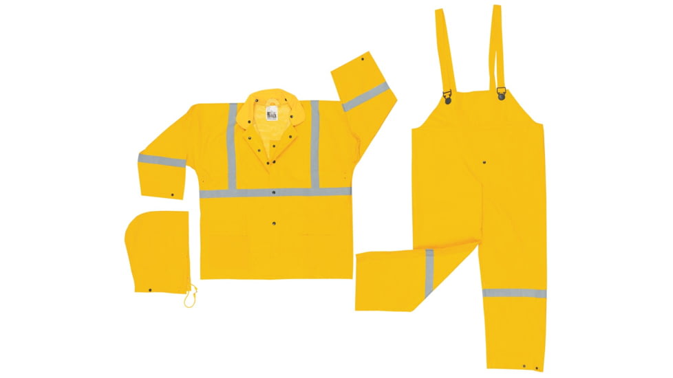 MCR Safety Luminator Series 3 Piece Waterproof Rain Suit, .35mm PVC/Poly, Corduroy Collar, Detachable Hood and Bib Pants, Yellow, XL, 2403RXL