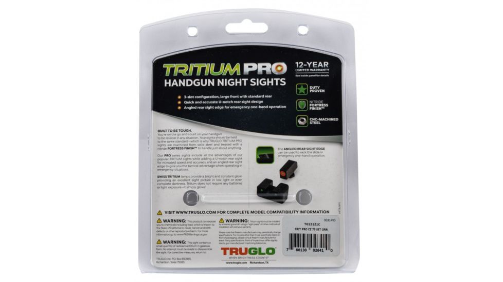 TruGlo Tritium Pro Night Sights CZ 75 Tritium Green Tritium W/Orange Outline Fr, TG-TG231Z1C