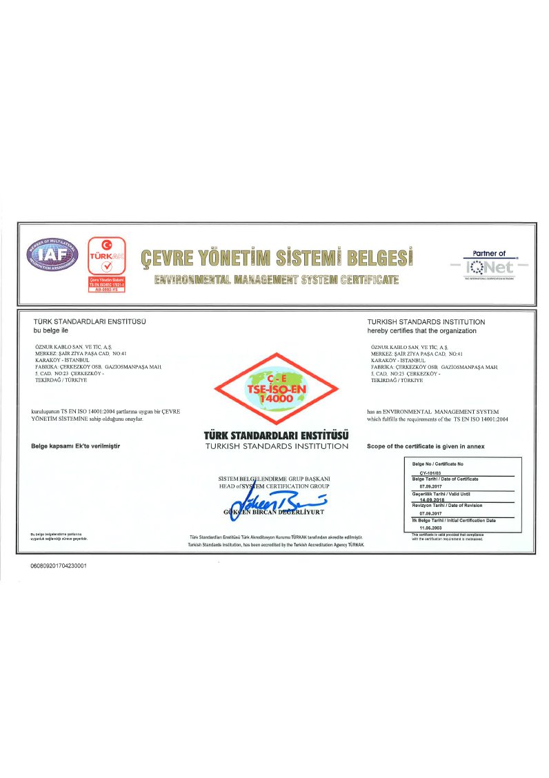 TS EN ISO 14001:2015 ÇEVRE YÖNETİM SİSTEMİ BELGESİ