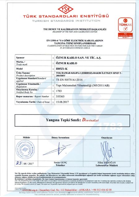 H05Z1-K 1x1mm²  Dca,S1a,d2,a1 TSE CPR BELGESİ