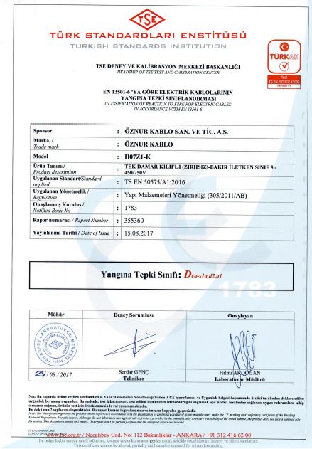 H07Z1-K 1x6mm²  Dca,S1a,d2,a1 TSE CPR BELGESİ