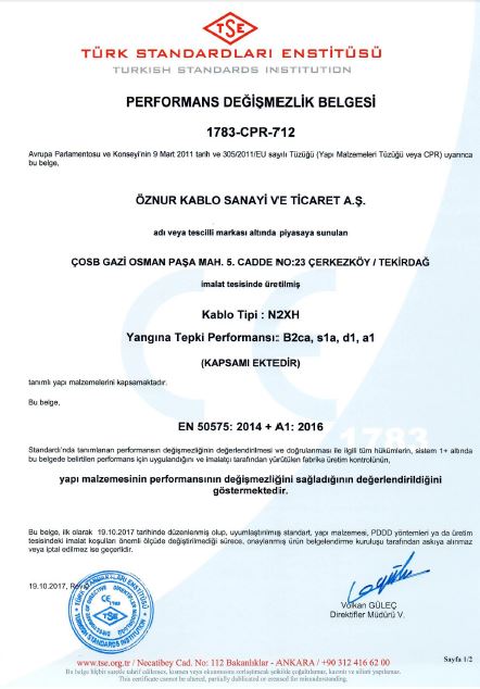 N2XH B2ca, s1a, d1, a1 TEK DAMARLI TSE CPR BELGESİ