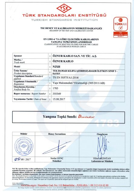 N2XH Dca,S1a,d2,a1 TEK DAMARLI TSE CPR BELGESİ