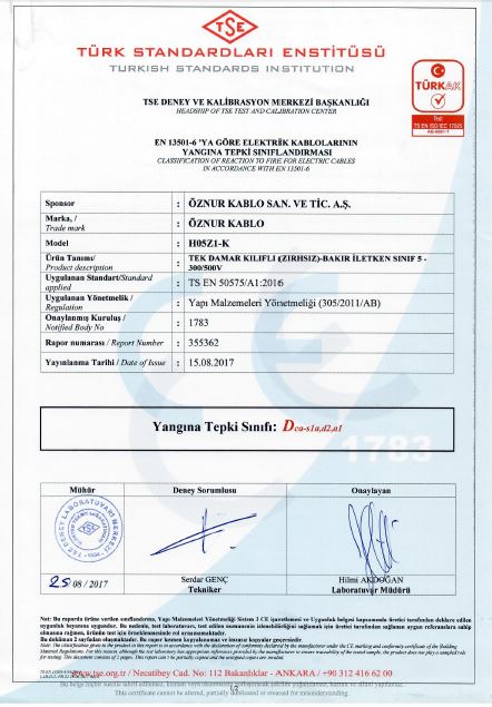 H05Z1-K 1x0,75mm²  Dca,1a,d2,a1 TSE CPR BELGESİ