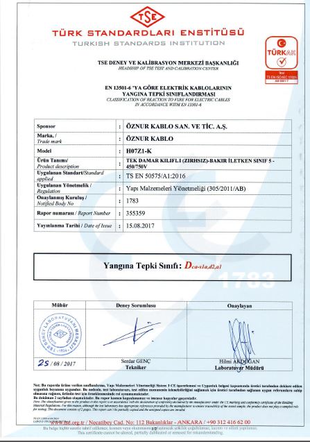 H07Z1-K 1x4mm²  Dca,S1a,d2,a1 TSE CPR BELGESİ