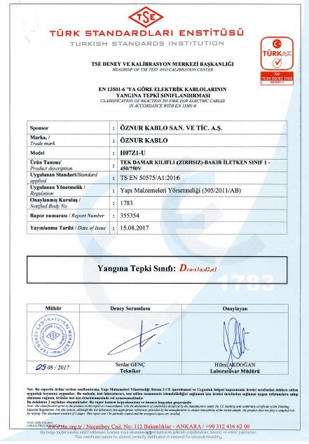 H07Z1-U 1x6mm²  Dca,S1a,d2,a1 TSE CPR BELGESİ