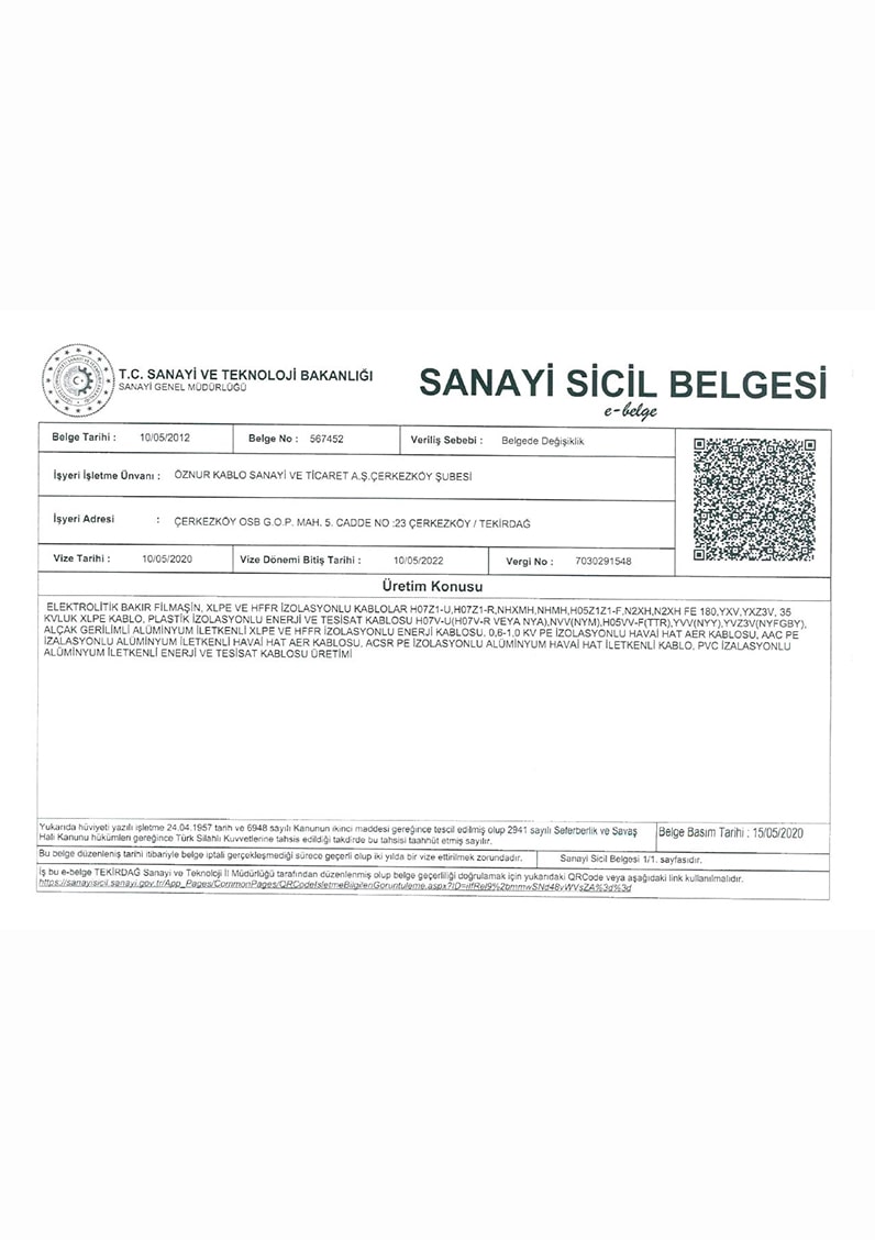 ÖZNUR KABLO SAN. ve TİC. AŞ. - SANAYİ SİCİL BELGESİ