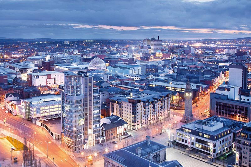 view over Belfast city skyline at night