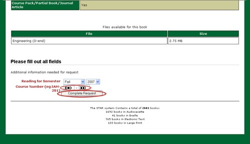 Screenshot of the course number and the "complete request" button circled in red.