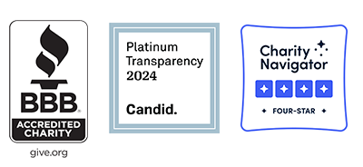 Logos for Better Business Bureau Accredited Charity; Candid Platinum Transparency, and Four Star Charity Navigator rating.