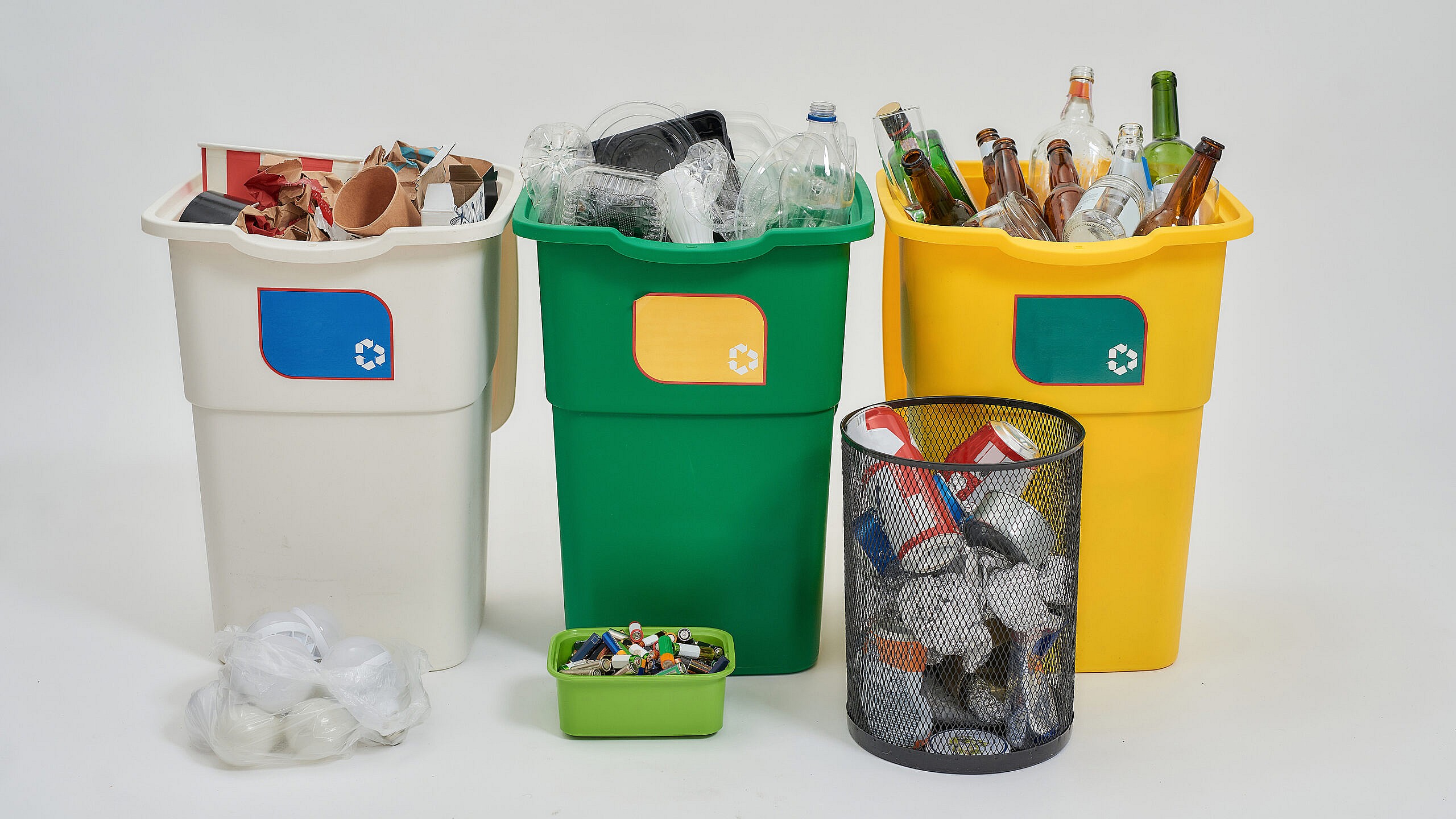 Set Of Three Colorful Recycling Bins