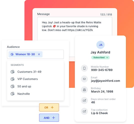 SlickText UI showing a campaign message, customer profile, and five segments of an audience