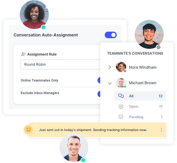 SlickText UI showing collaborative customer support through auto-assignments, notes, and online statuses