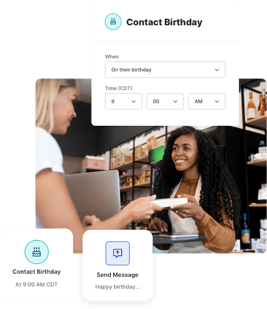 Example of an automated birthday rewards workflow delivered via SMS