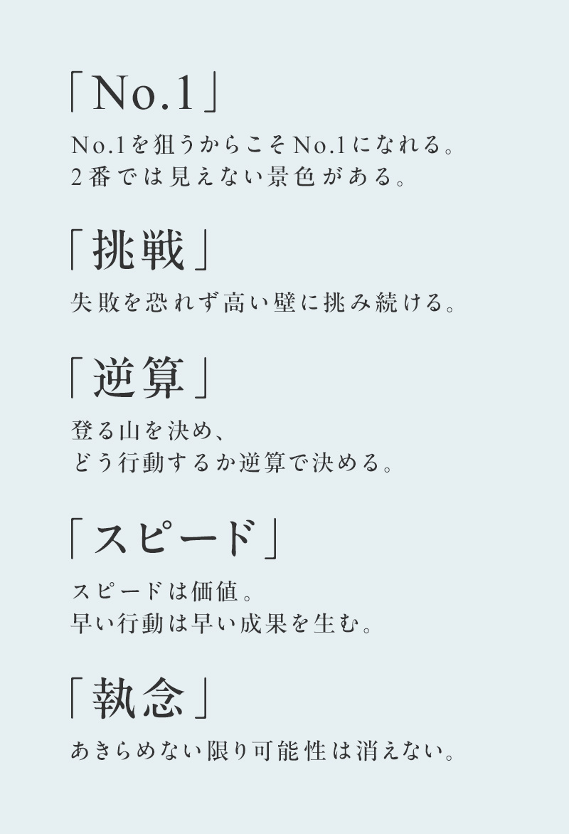 「No.1」No.1を狙うからこそNo.1になれる。2番では見えない景色がある。「挑戦」失敗を恐れず高い壁に挑み続ける。「逆算」登る山を決め、どう行動するか逆算で決める。「スピード」スピードは価値。早い行動は早い成果を生む。「執念」あきらめない限り可能性は消えない。