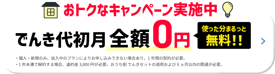 おトクなキャンペーン実施中 でんき代初月全額0円