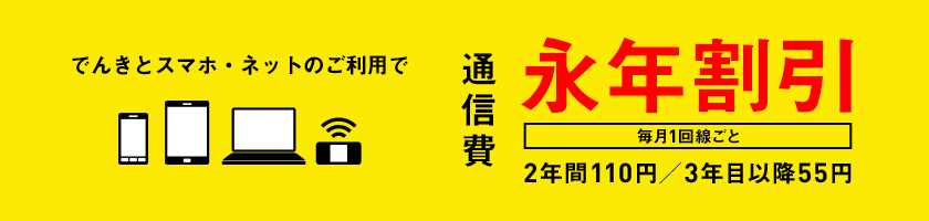 でんきとスマホ・ネットのご利用で通信費　毎月1回線ごと　永年割引　2年間110円／3年目以降55円