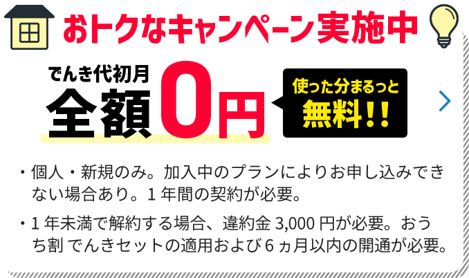 おトクなキャンペーン実施中 でんき代初月全額0円