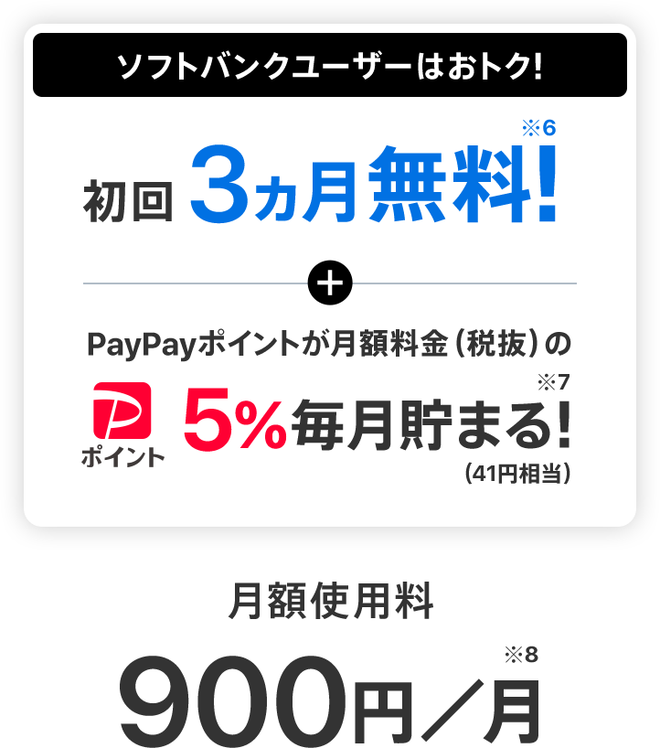 ソフトバンクユーザーはおトク！初回3ヵ月無料！※6 + PayPayポイントが月額料金（税抜）の5%毎月貯まる！※7（41円相当） 900円／月※8