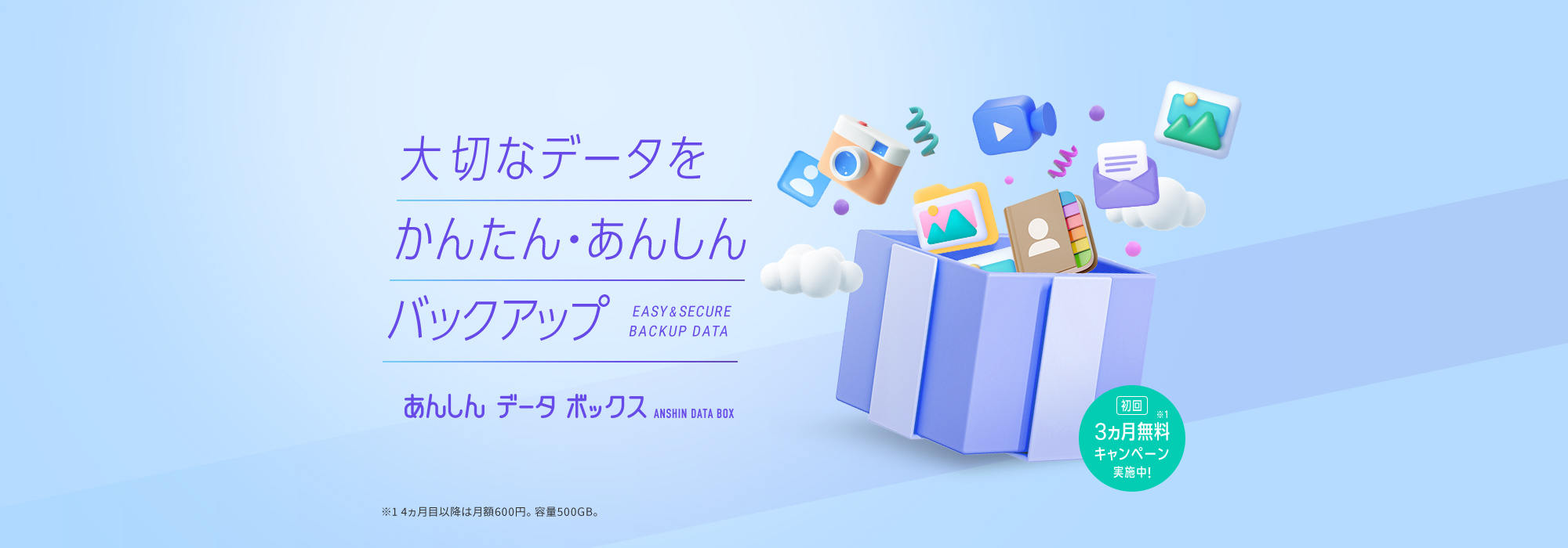 大切なデータをかんたん・あんしんバックアップ EASY&SECURE BACKUP DATA あんしんデータボックス ANSHIN DATA BOX 初回3ヵ月無料※1キャンペーン実施中！ ※1 4ヵ月目以降は月額600円。容量500GB。