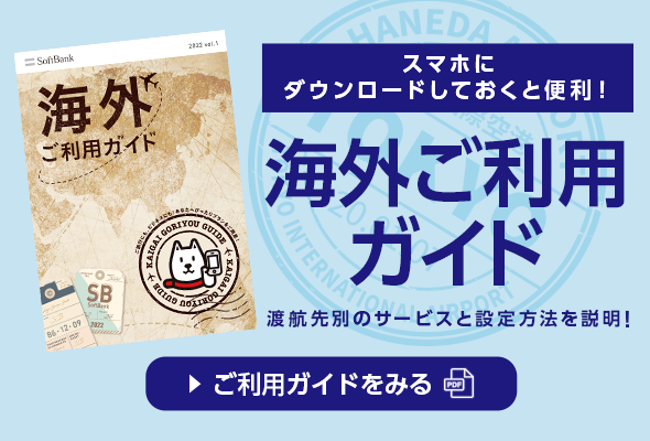 スマホにダウンロード
              しておくと便利！海外ご利用ガイド渡航先別のサービスと設定方法を説明！ご利用ガイドをみる