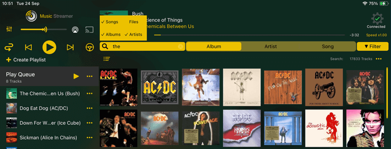 Search your music collection by Song, Album, Artist or File name