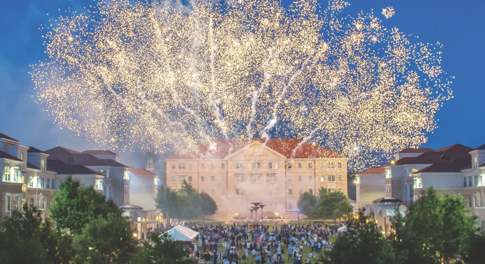 Fireworks display over the TCU Campus Commons