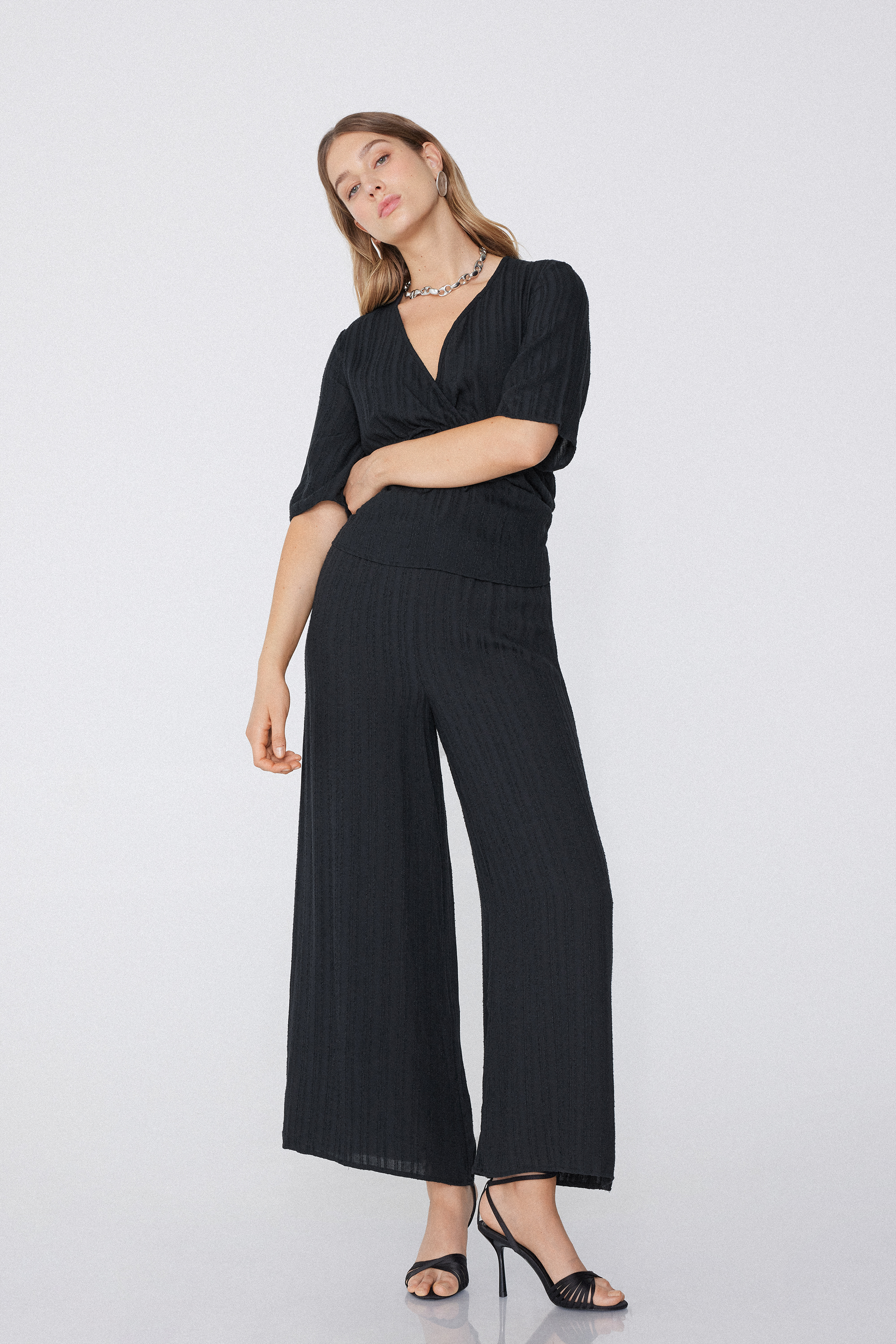 Long 3D-Effect Canvas Palazzo Trousers