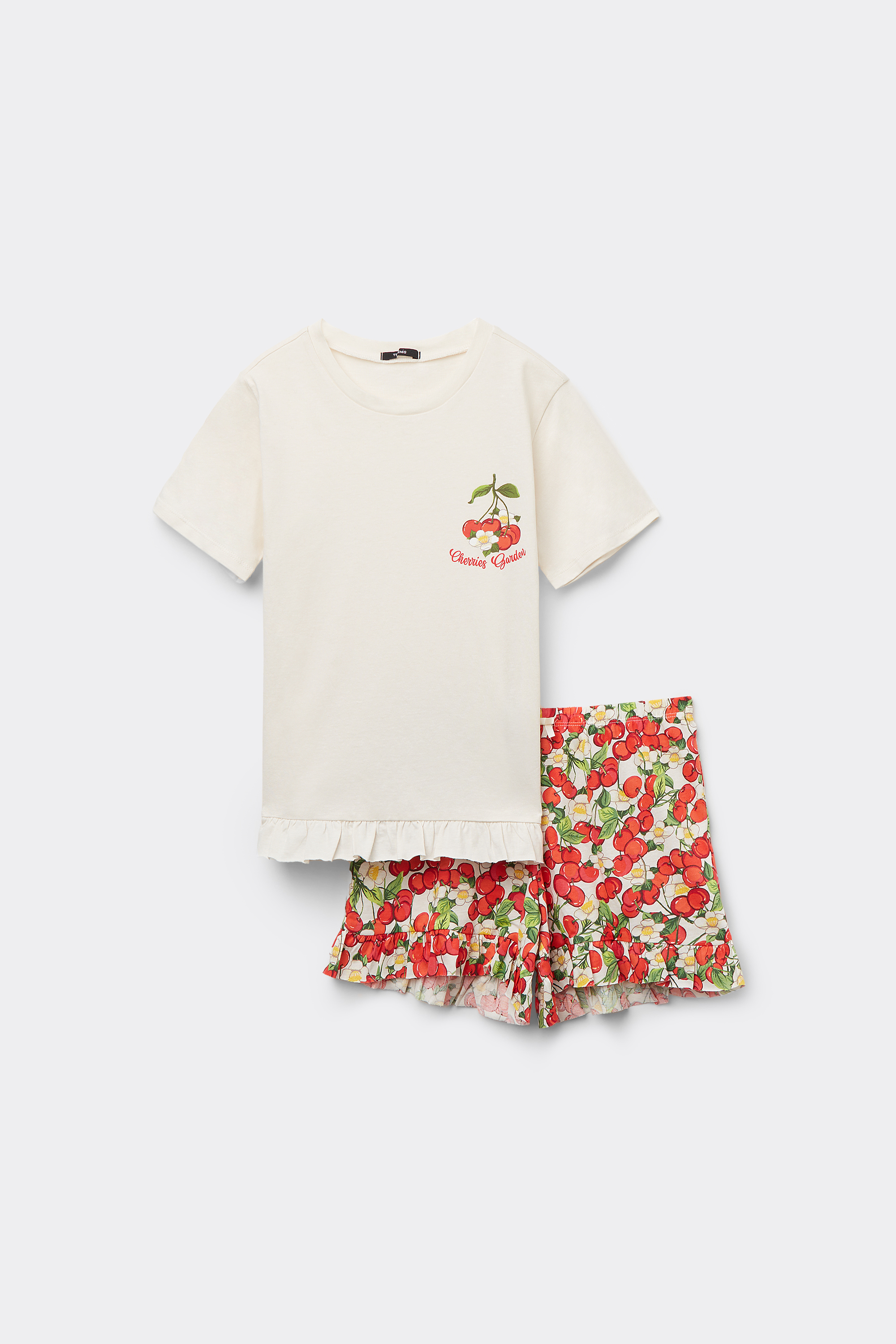 Girls’ Short Cotton Cherry Print Pyjamas with Short Sleeves