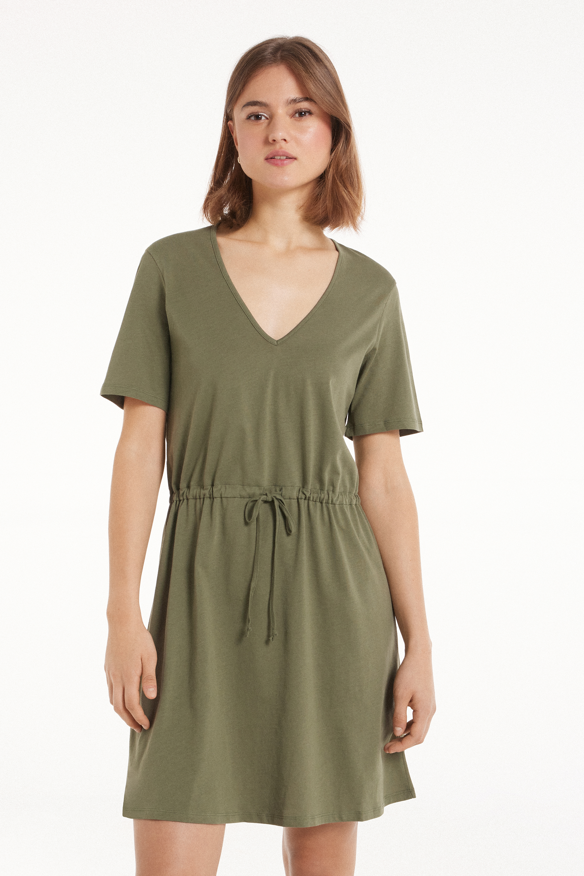 Short Sleeve Short Cotton V-Neck Dress