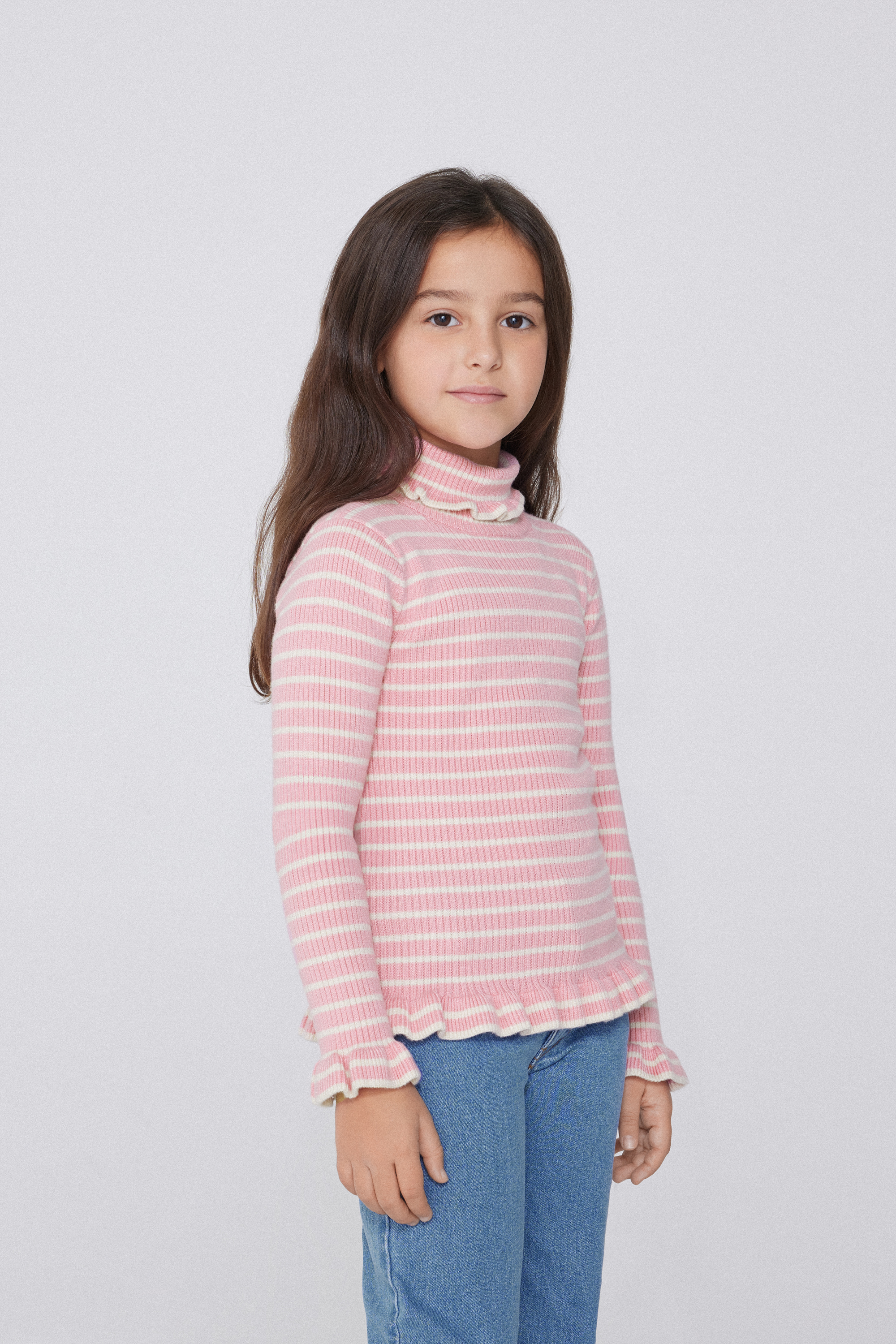 Girls’ Long-Sleeved Ribbed Jersey with Polo Neck and Ruching