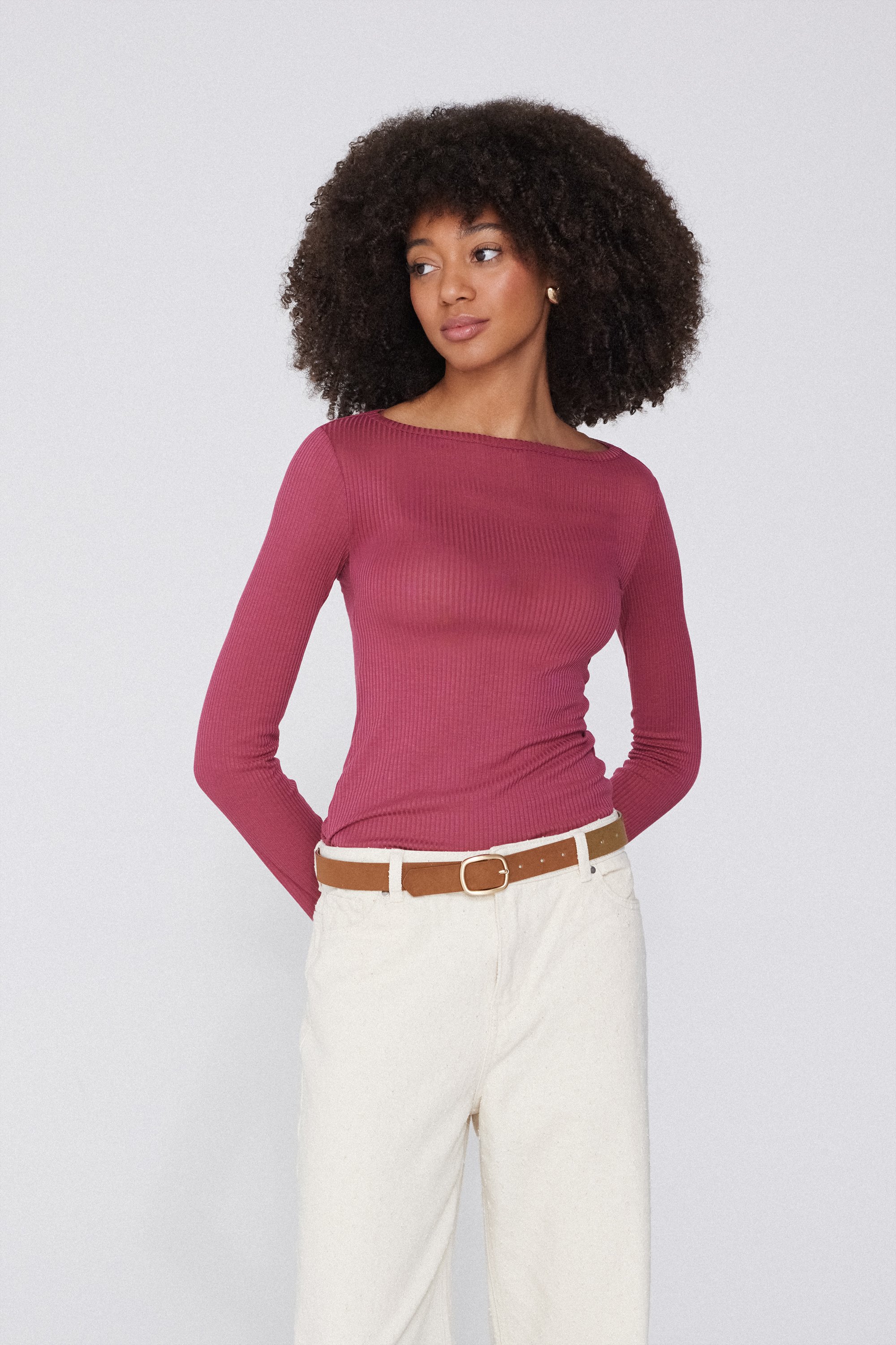 Long Sleeve Ribbed Top with Boat Neck