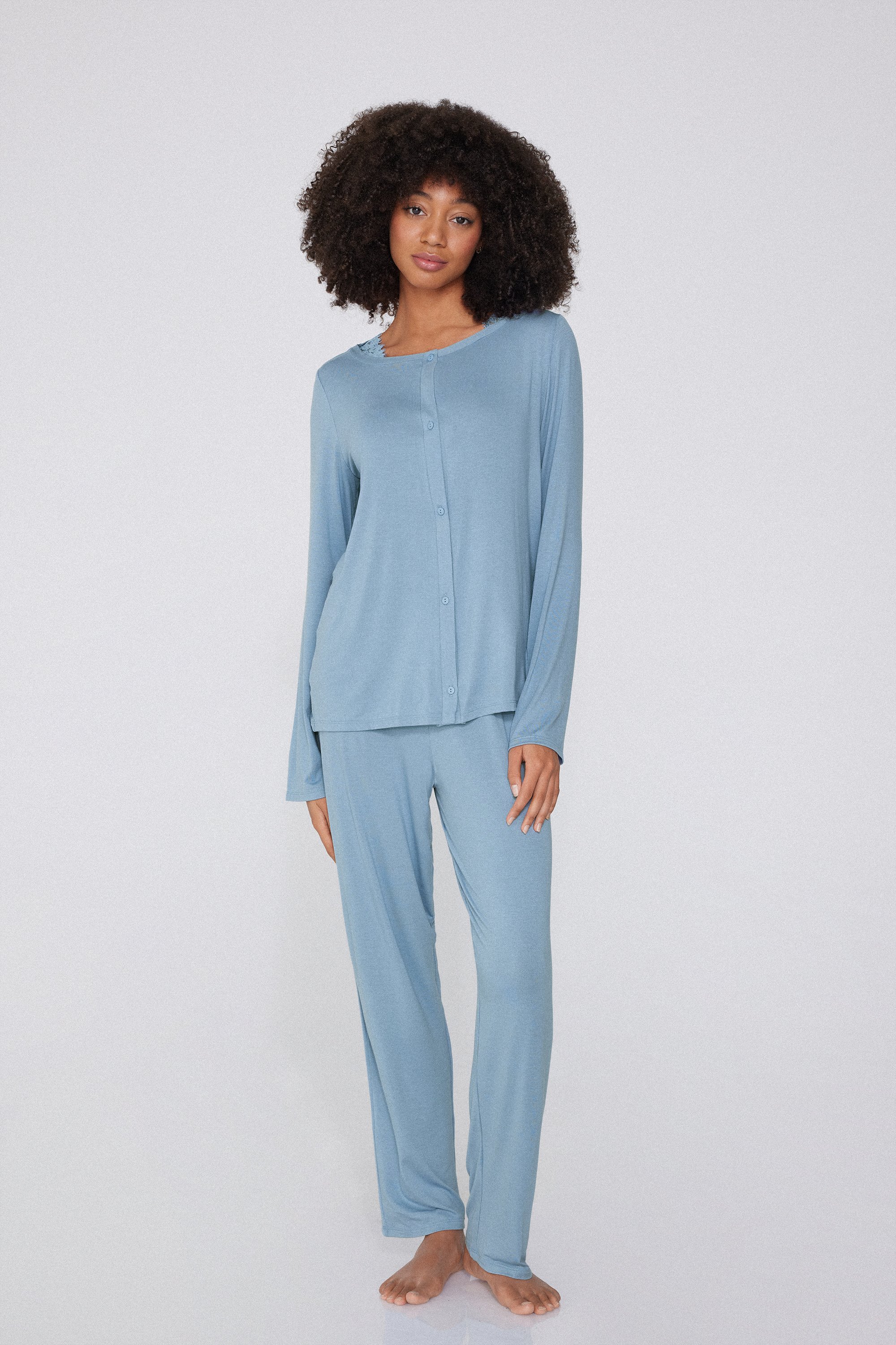 Viscose and Lace Long Button-Front Pyjamas