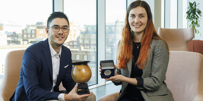 Photo: Dr Aaron Lim (Early Career Researcher of the Year) and Dr Luiza Wasiewska (recipient of the Thomas Mitchell Medal of Excellence). Image credit: Keith Atkins.