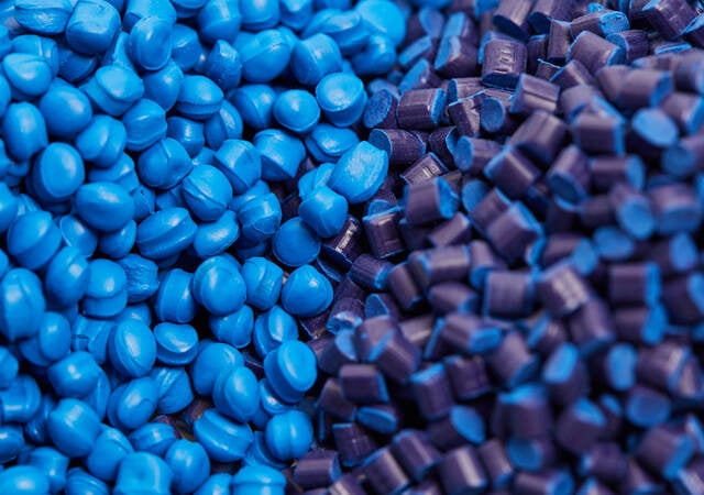 blue and purple plastic pellets