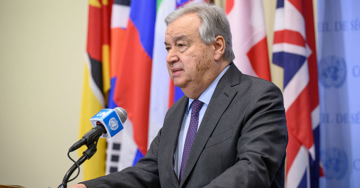 Secretary-General António Guterres briefs reporters on the latest developments in Syria. UN Photo/Loey Felipe